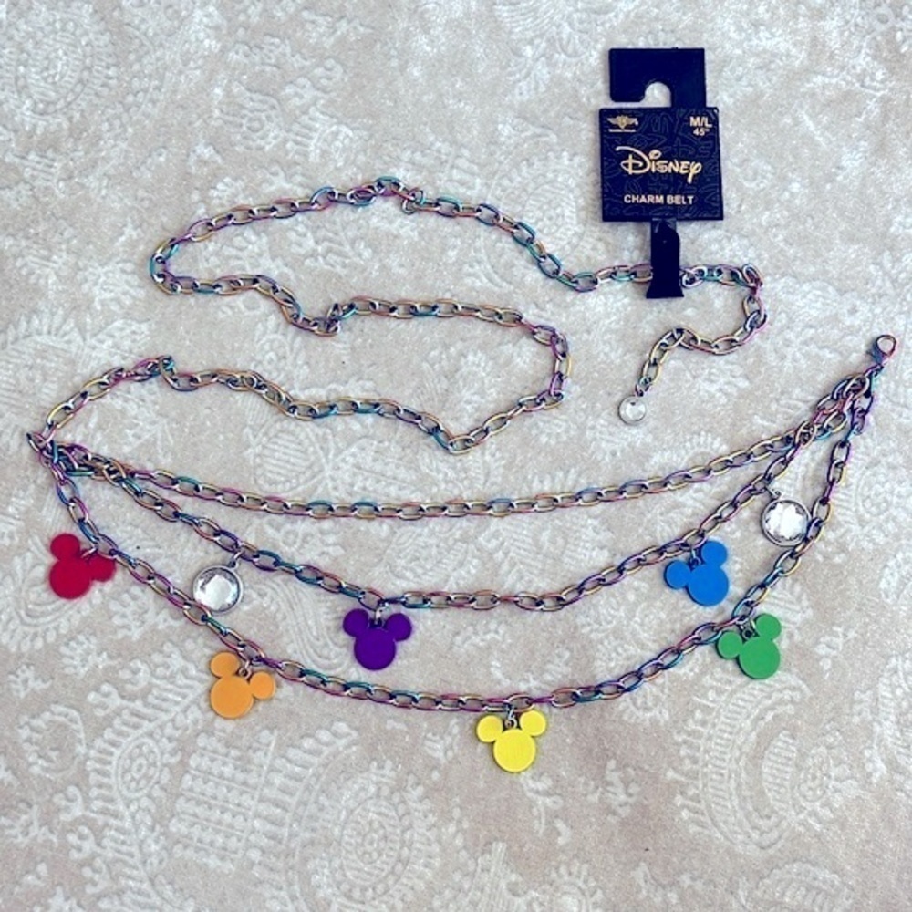 Brand New Disney Buckle-Down Mickey Mouse Colorful Rainbow Charm Chain Belt